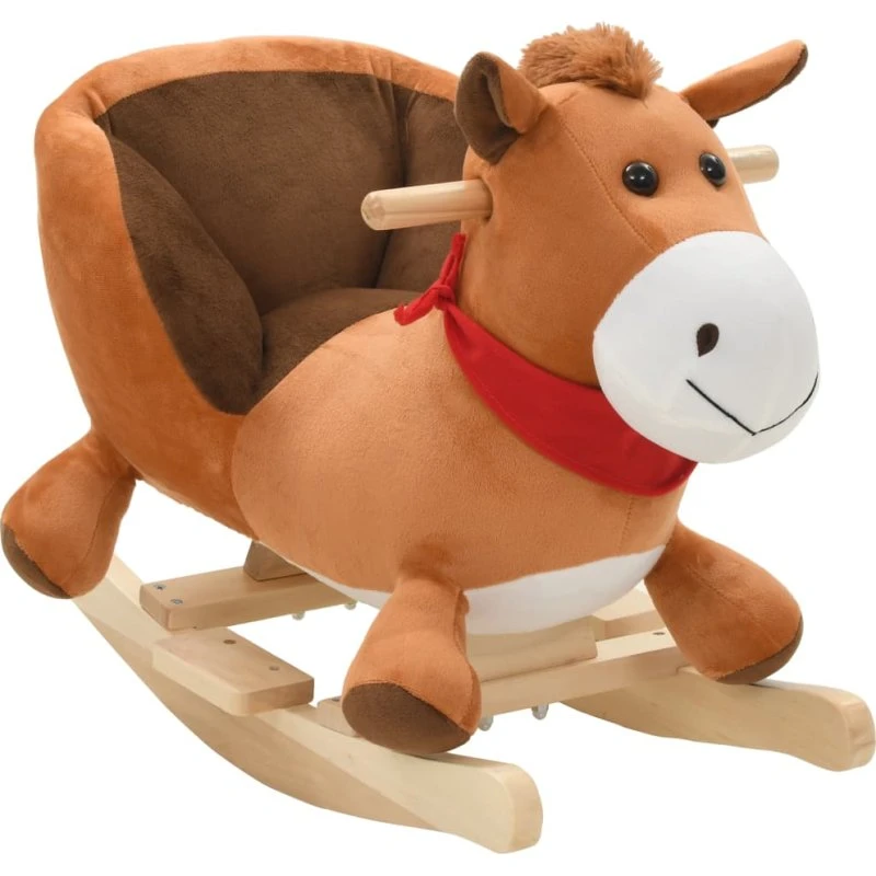 Gyngehest med ryglæn i plys og træ 60x32x50 cm