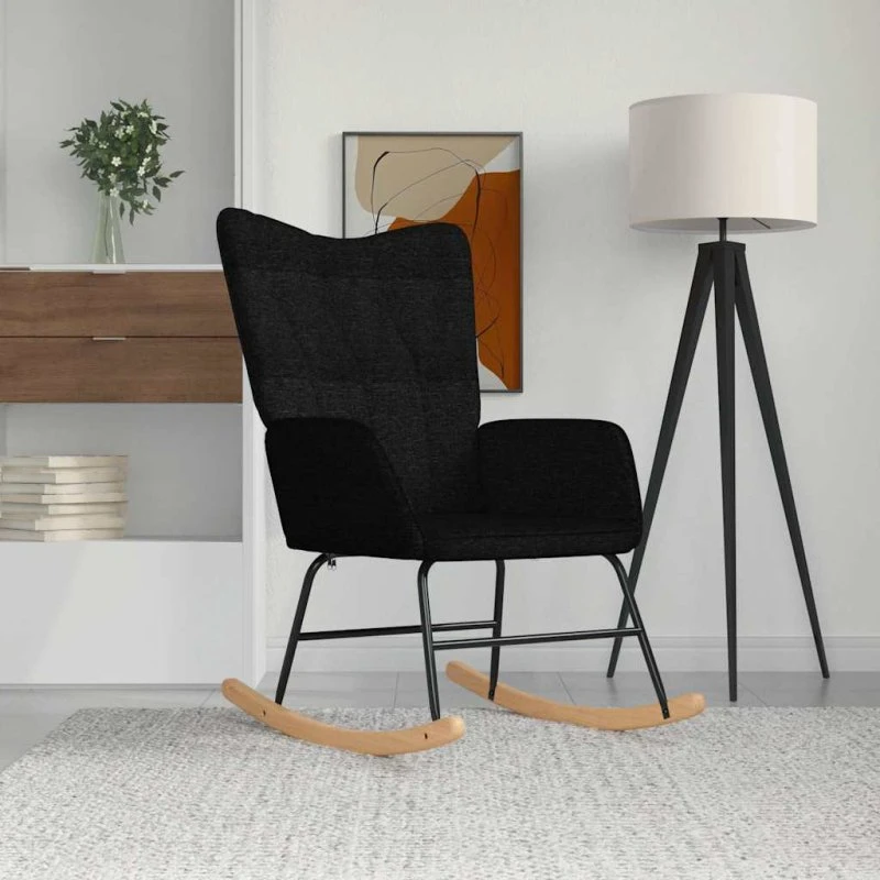 Gyngestol i sort stof med knapper og træben