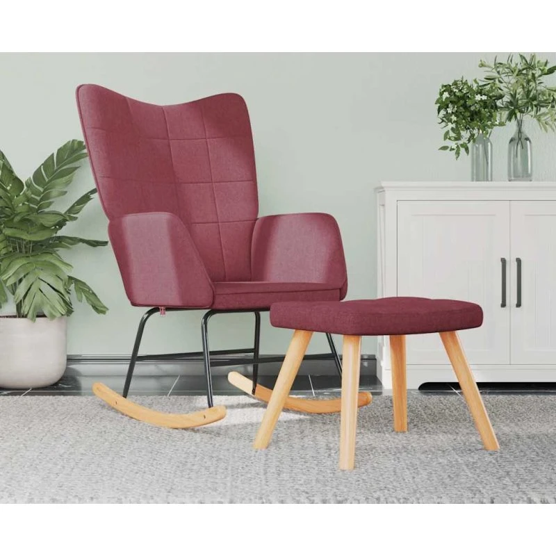 Gyngestol med fodskammel i vinrødt stof