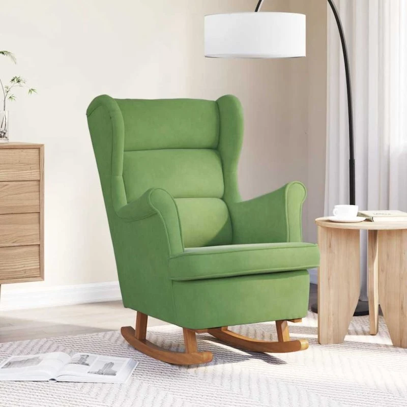 Gyngestol i lysegrøn fløjl med massivt træ