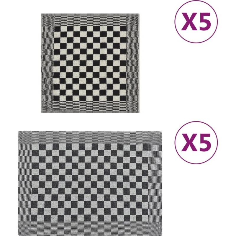 Håndklædesæt 10 stk. 100% bomuld - sort & hvid