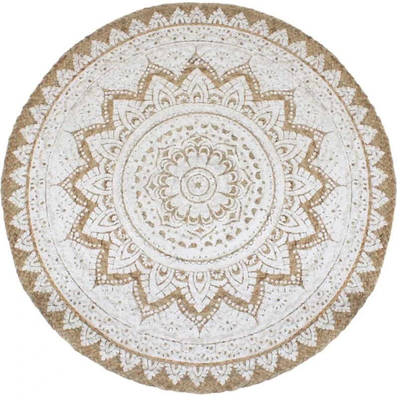 Flettet jute-rundt gulvtæppe med print Ø240 cm