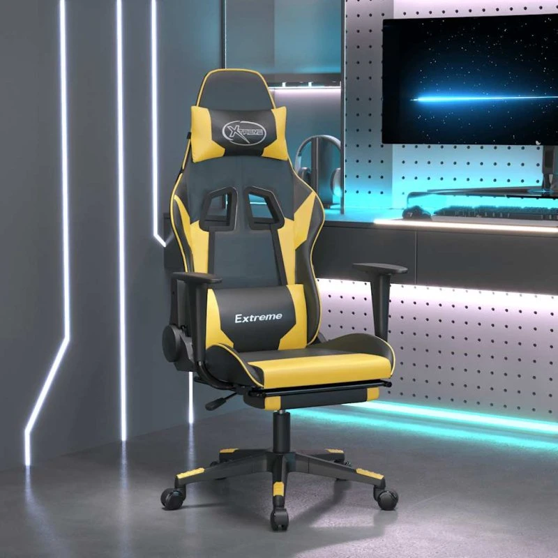 Gamingstol med massage & fodstøtte – sort/guld kunstlæder