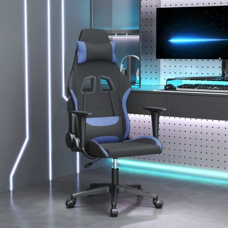 Gamingstol med massagefunktion i stof – sort/blå
