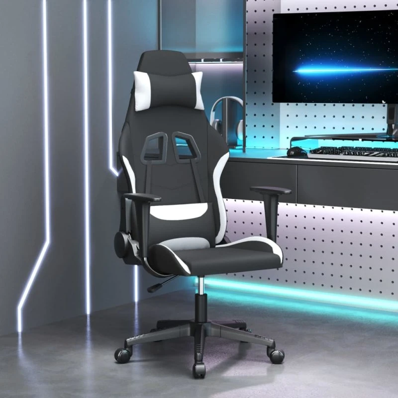 Gamingstol med massagefunktion i stof – sort/hvid