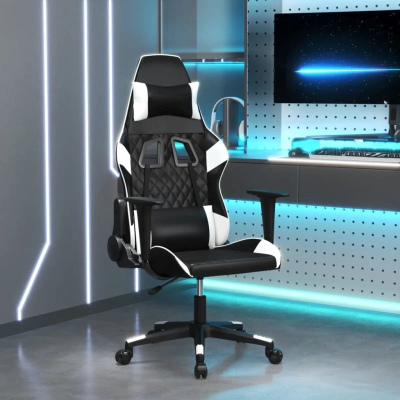 Gamingstol med massagefunktion i kunstlæder – Sort/Hvid