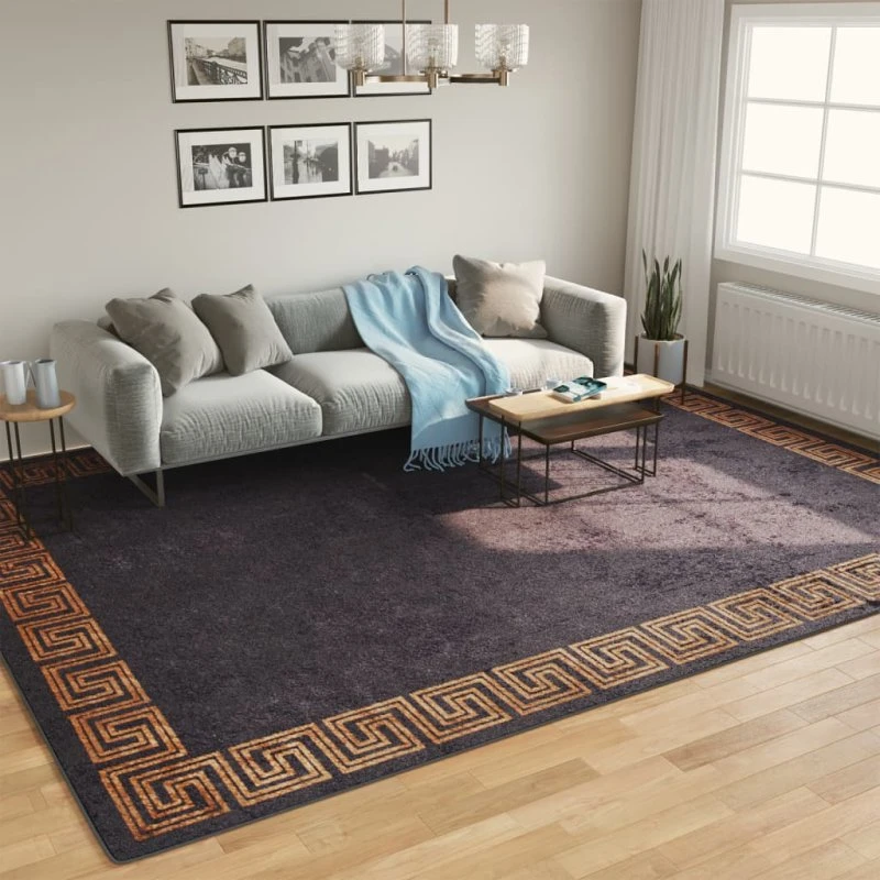 Gulvtæppe 400x300 cm vaskbart skridsikkert – sort/guldfarvet