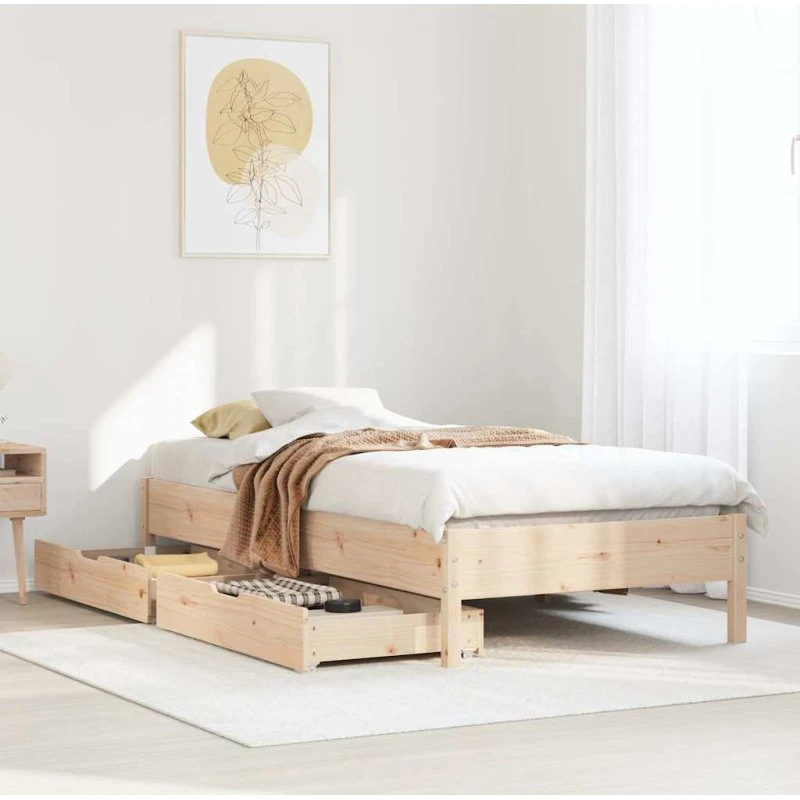 Sengeramme i massivt fyrretræ 75x190 cm med opbevaring