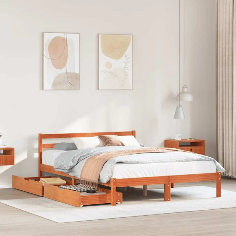 Sengeramme i massivt fyrretræ 135x190 cm med opbevaring