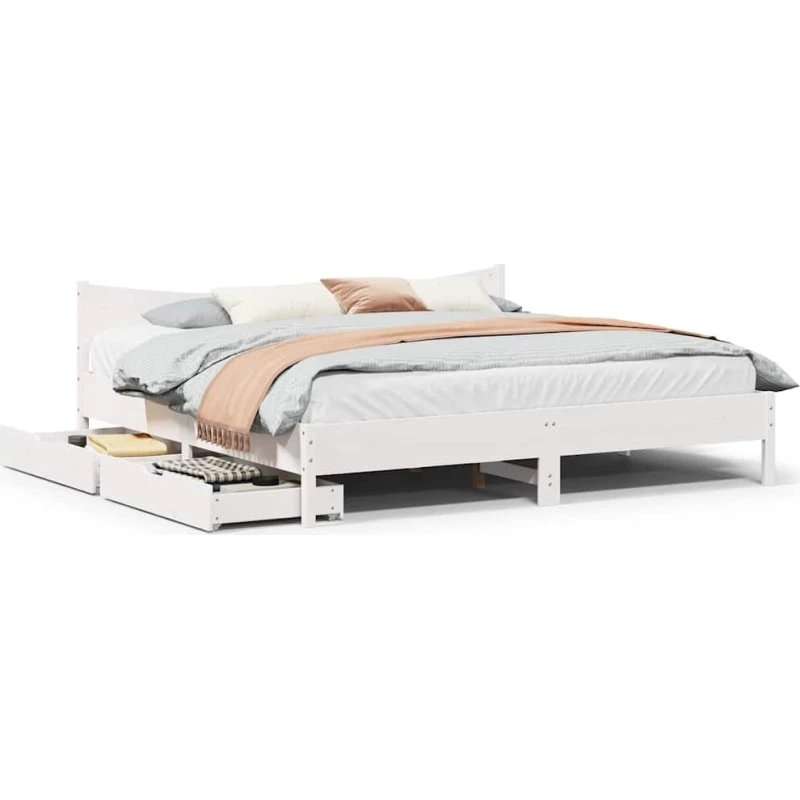 Sengeramme 180x200 med 2 skuffer i massivt fyrretræ, hvid