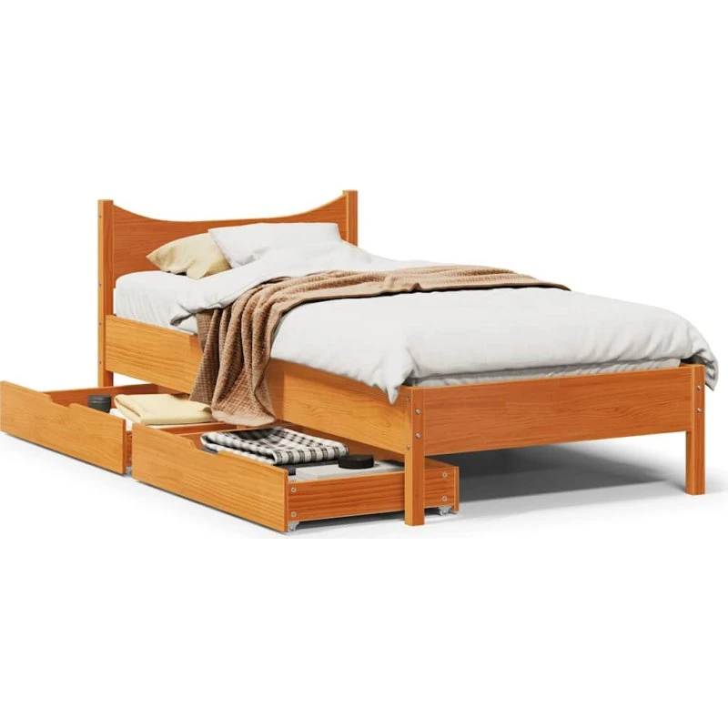 Sengeramme 90x200 i massivt fyrretræ med skuffer, gyldenbrun