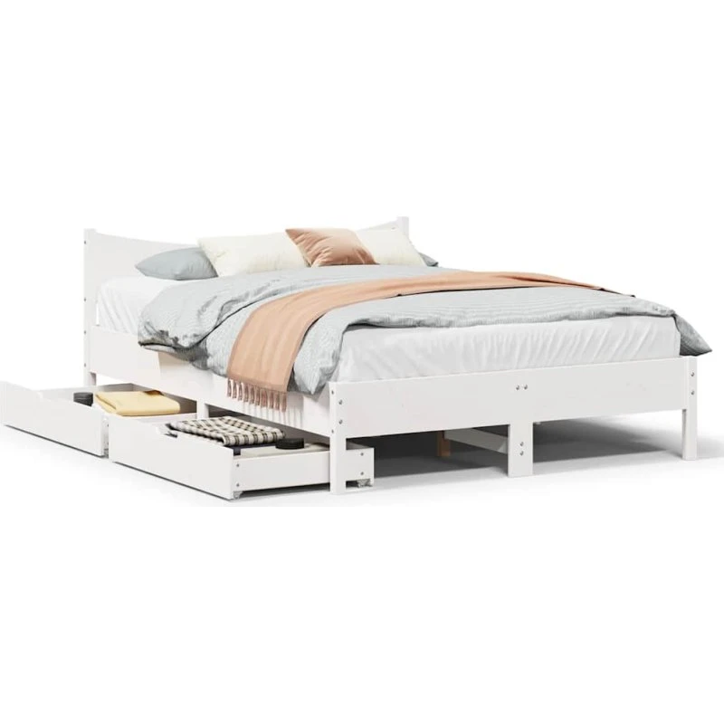 Sengeramme 135x190 cm i massivt fyrretræ med skuffer, hvid