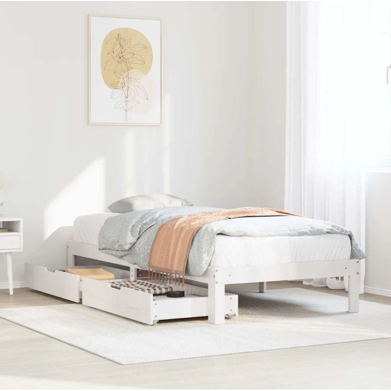 Sengeramme 100x200 cm i massivt fyrretræ med skuffer (hvid)