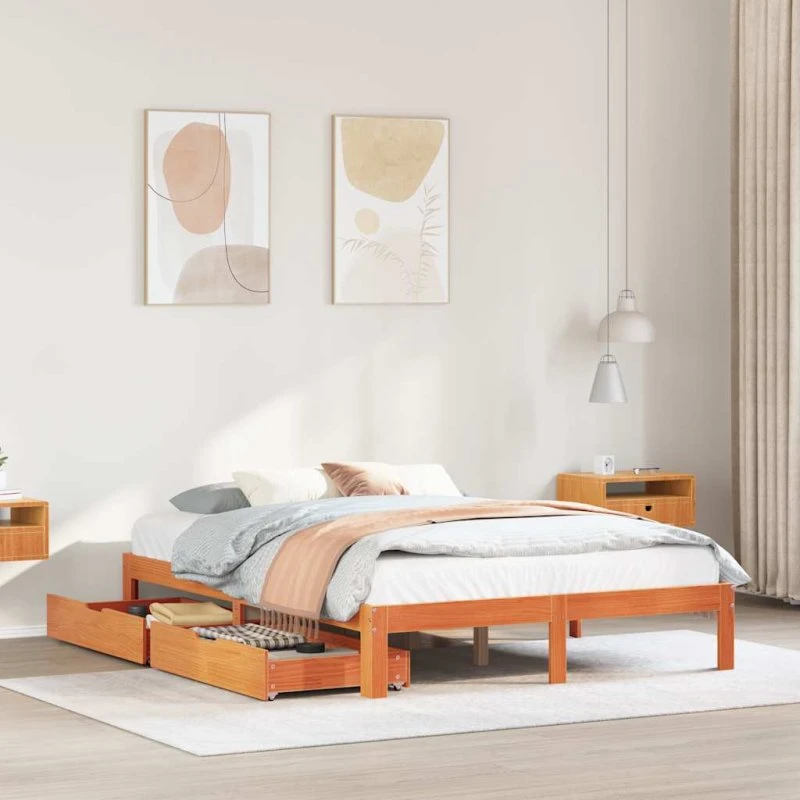Sengeramme i massivt fyrretræ 135x190 cm med skuffer