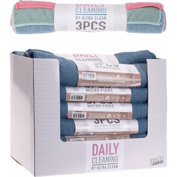 Microfiber klud 3-pak 30x30 cm – 3 farver