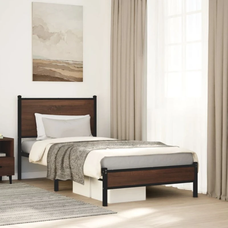 Sengeramme 90x190 cm i metal - brun egetræsfarve (uden madras)