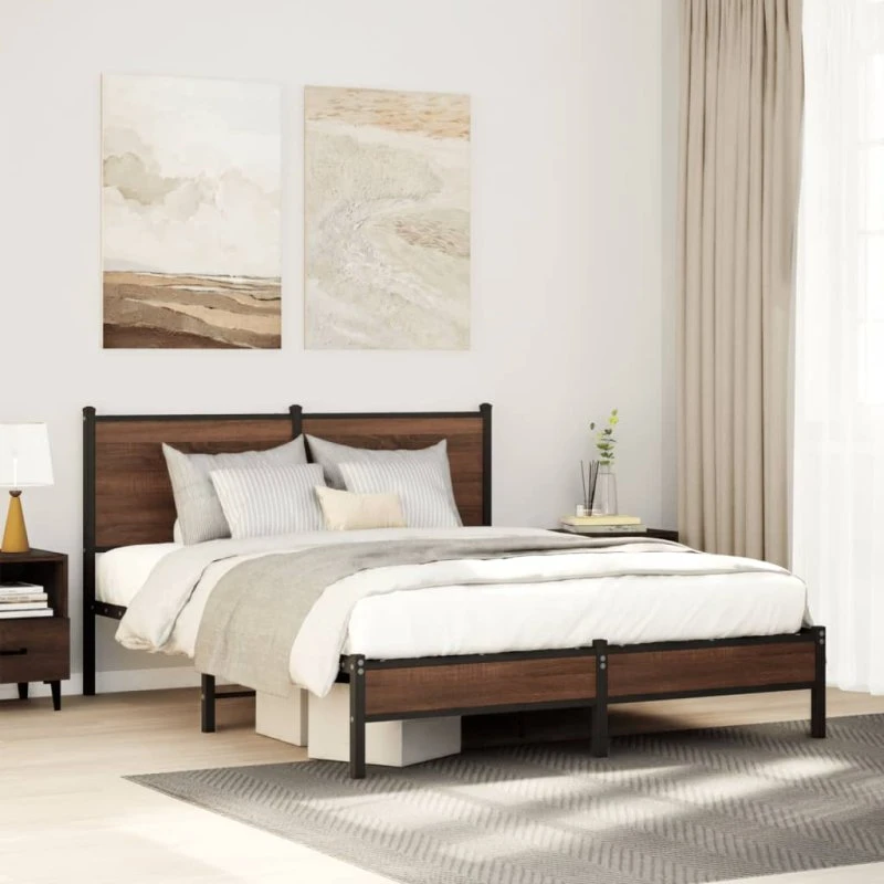 Sengeramme 137x190 cm brun egetræ – metalstel uden madras