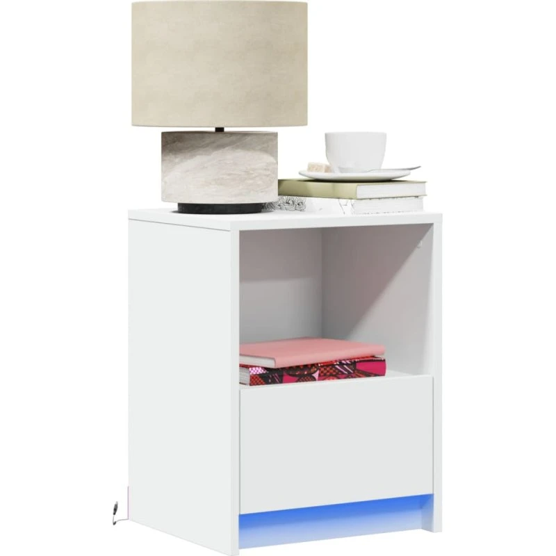 Sengebord med RGB LED i hvidt konstrueret træ