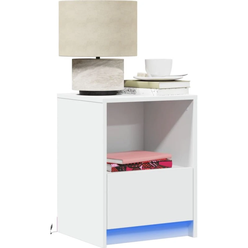 Sengeborde 2 stk. med RGB LED, hvidt konstrueret træ