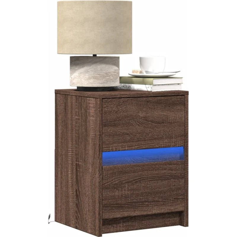 Sengebord med RGB LED i brun egetræ - konstrueret træ