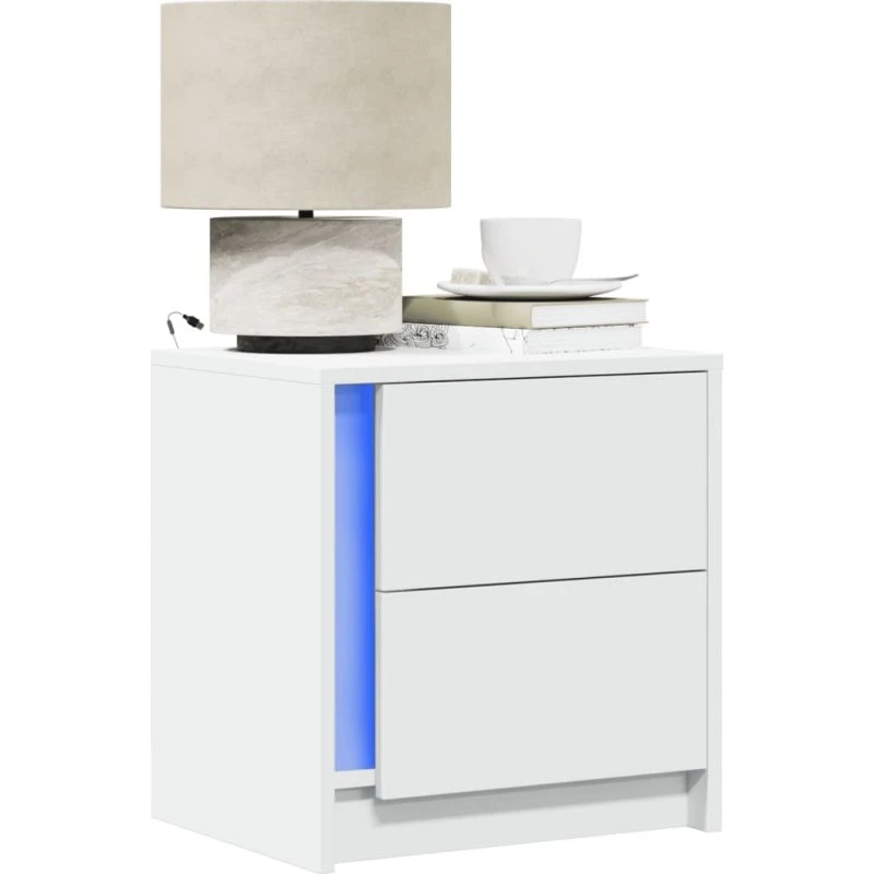 Sengebord i hvidt konstrueret træ med RGB LED-lys