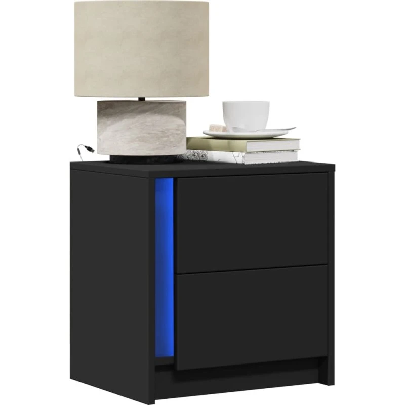 Sengeborde 2 stk. med RGB LED og skuffer - Sort, konstrueret træ