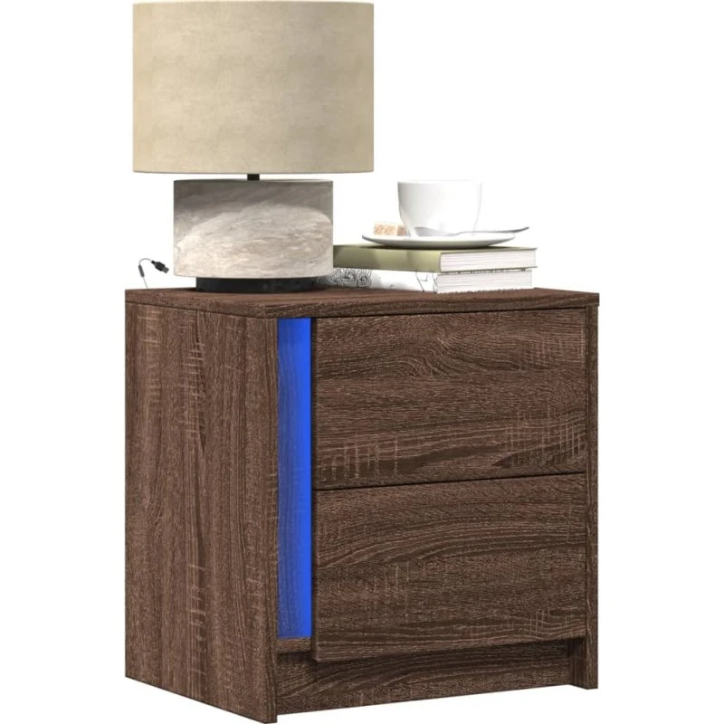 Sengebord med LED og skuffer – brun egetræseffekt