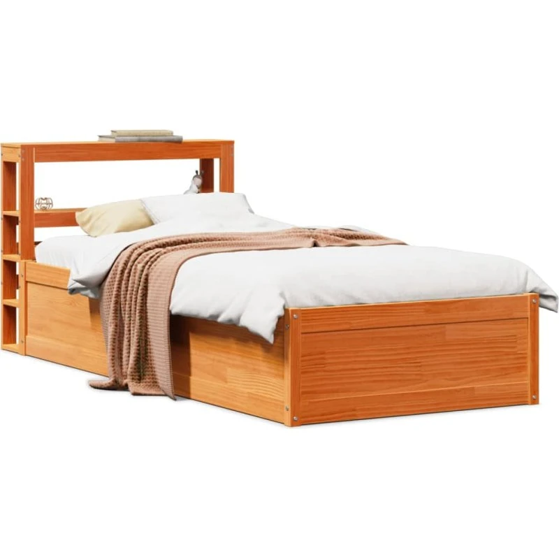 Sengeramme 90x200 i massivt fyrretræ med sengegavl, gyldenbrun