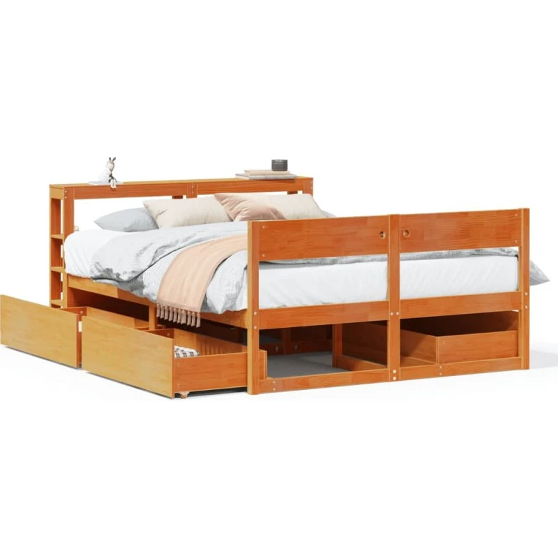 Sengeramme 135x190 cm i massivt fyrretræ med opbevaring