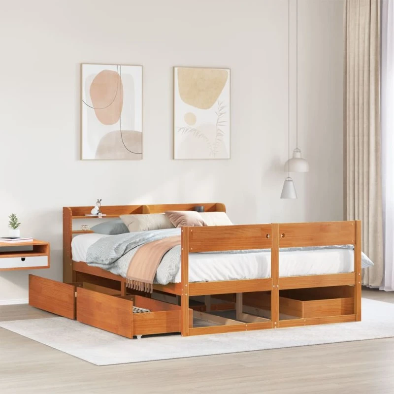 Sengeramme 135x190 cm i massivt fyrretræ - brun