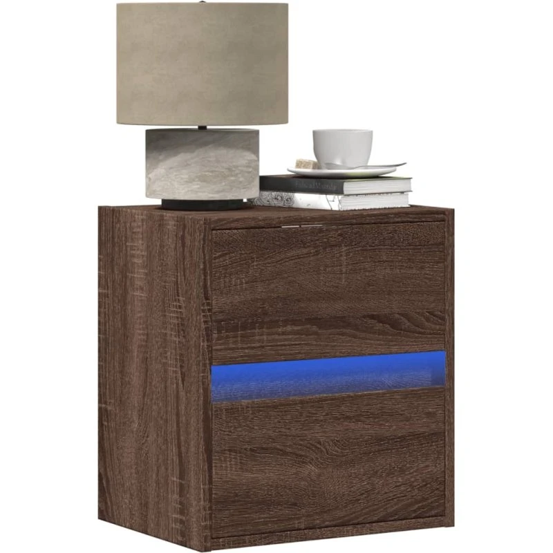 Væghængt sengebord med RGB LED – brun egetræsfinish