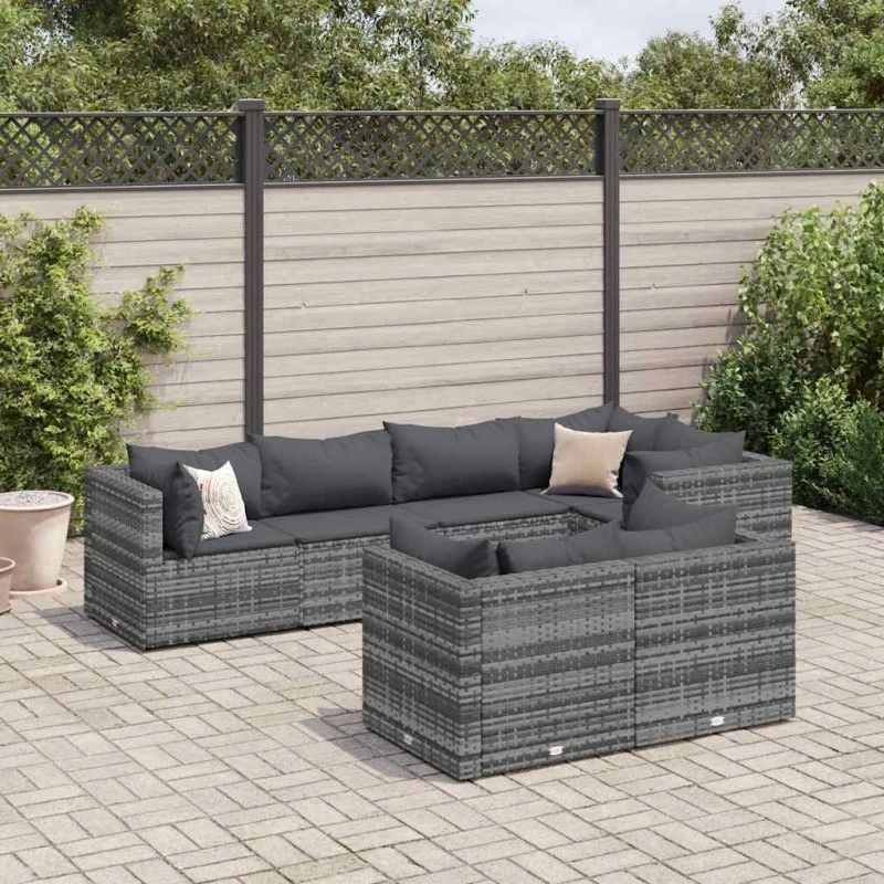 Loungesæt til haven 7 dele i grå polyrattan med hynder
