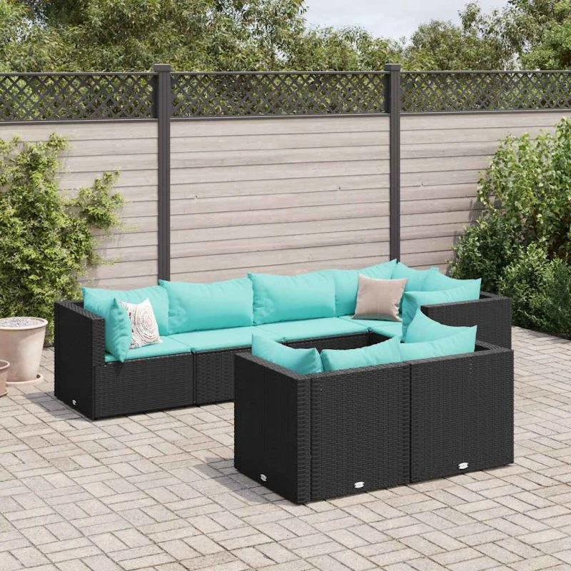 Loungesæt til haven 7 dele i sort polyrattan med hynder