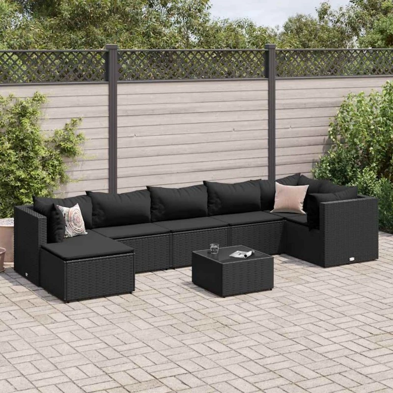 Loungesæt til haven 8 dele i sort polyrattan med hynder