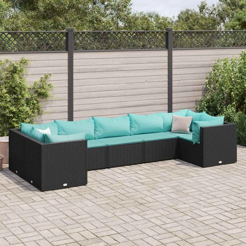 Loungesæt til haven 7 dele i sort polyrattan med hynder