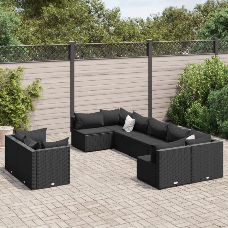 Sofasæt til haven 9 dele i sort polyrattan inkl. hynder