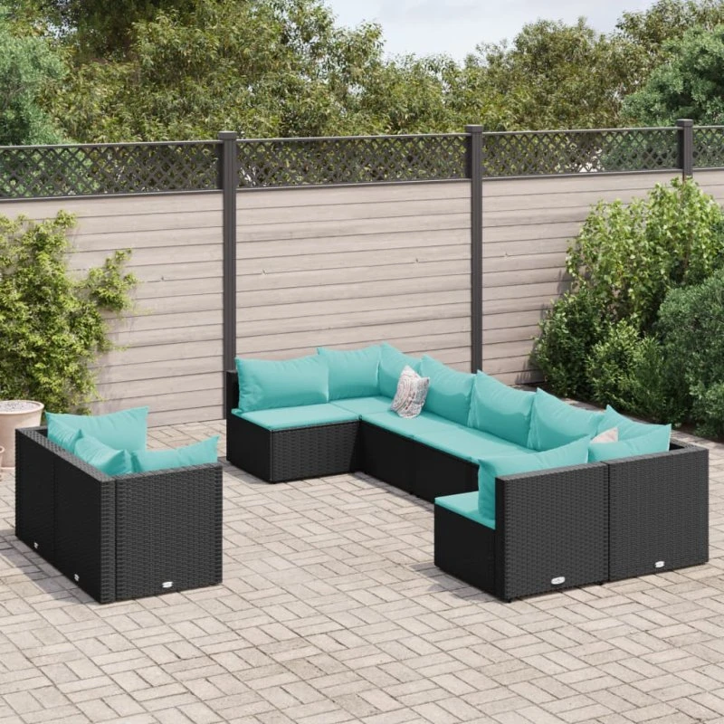 Havesofasæt 9 dele i sort polyrattan med hynder