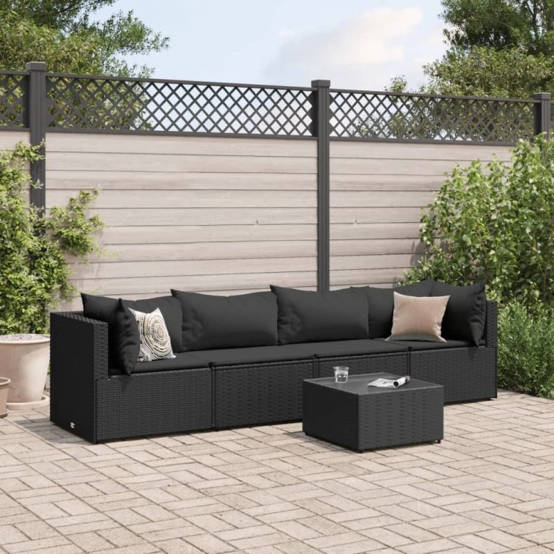 Loungesæt i polyrattan 5 dele med hynder, sort