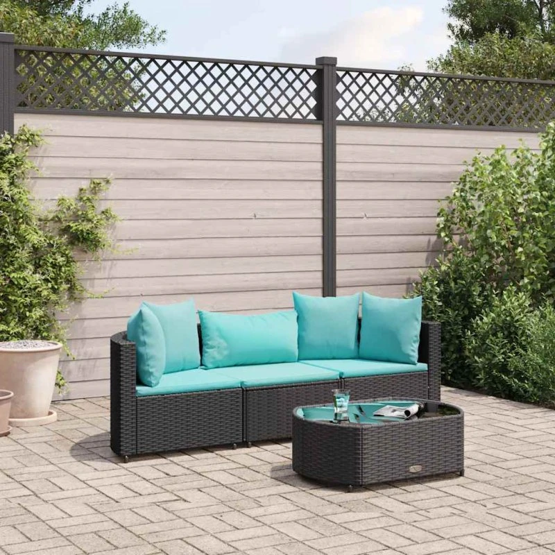Havesofasæt 4 dele i polyrattan med hynder - sort
