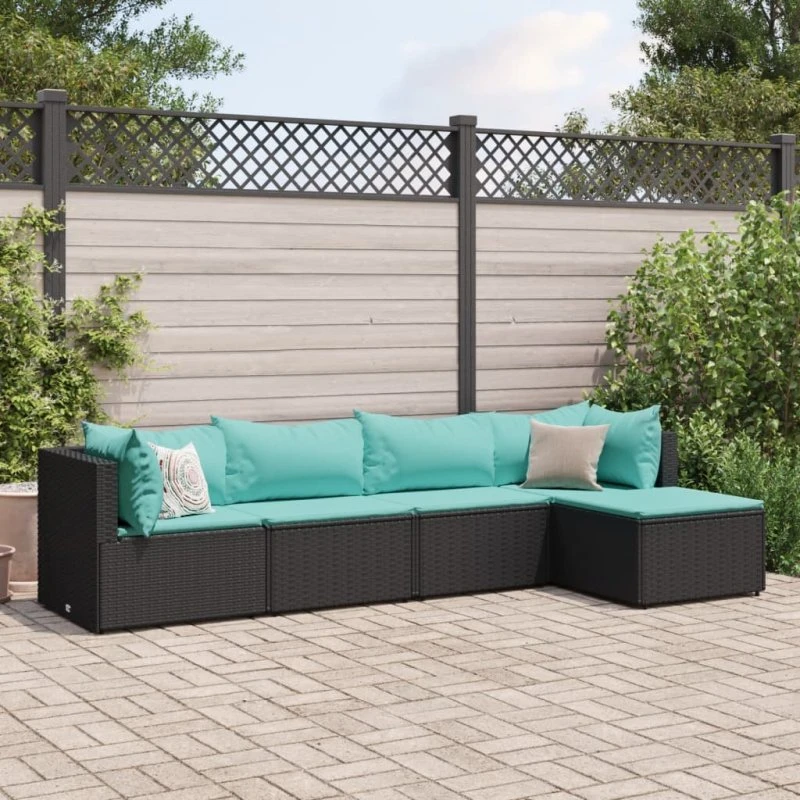 Sort loungesæt i polyrattan 5 dele med hynder