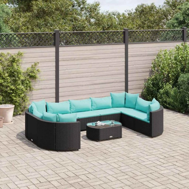 Havesofasæt 10 dele i polyrattan med hynder, sort