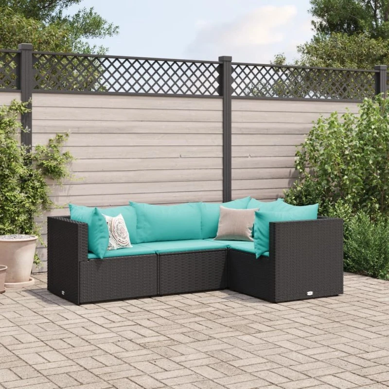Loungesæt 4 dele i sort polyrattan med hynder