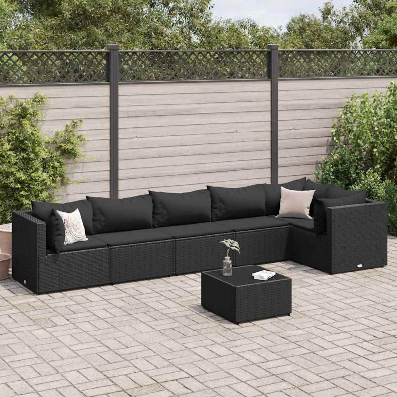 Loungesæt til haven 7 dele i sort polyrattan med hynder