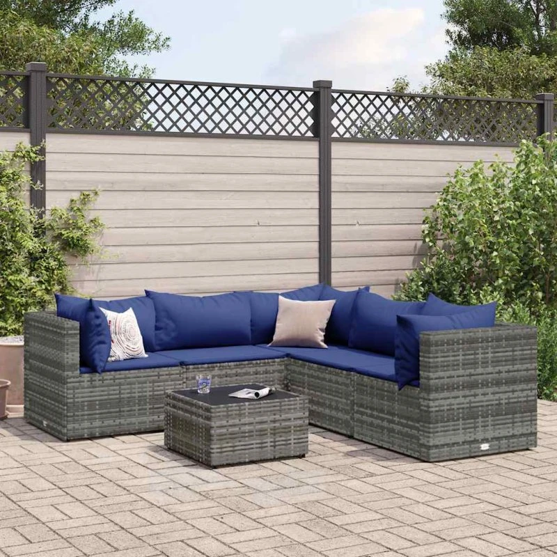 Loungesæt i grå polyrattan 6 dele med hynder
