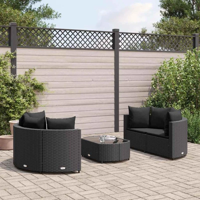 Havesofasæt 5 dele i sort polyrattan med hynder