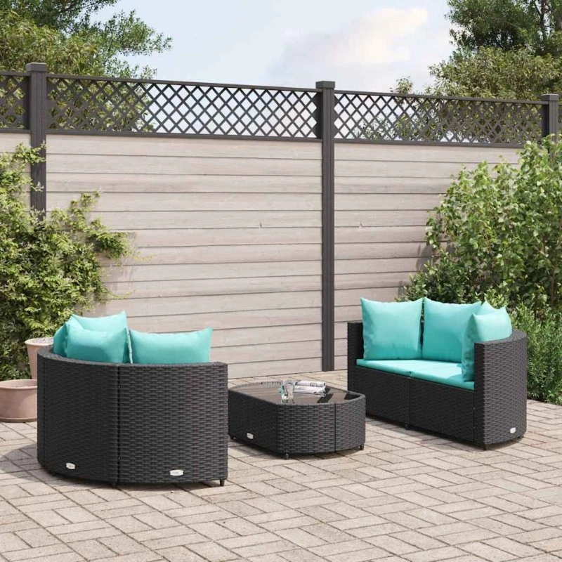 Havesofasæt 5 dele i sort polyrattan med hynder