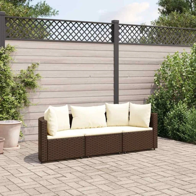 Sofasæt til haven 3 dele i brun polyrattan med hynder