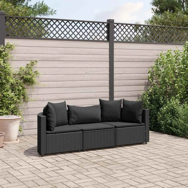 Havesofasæt 3 dele i sort polyrattan med hynder