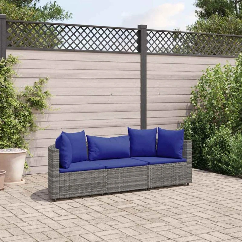 Havesofasæt 3 dele med hynder, polyrattan grå