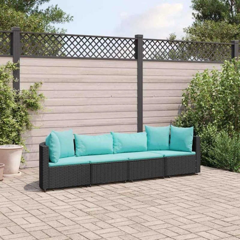Havesofasæt 4 dele i sort polyrattan med hynder